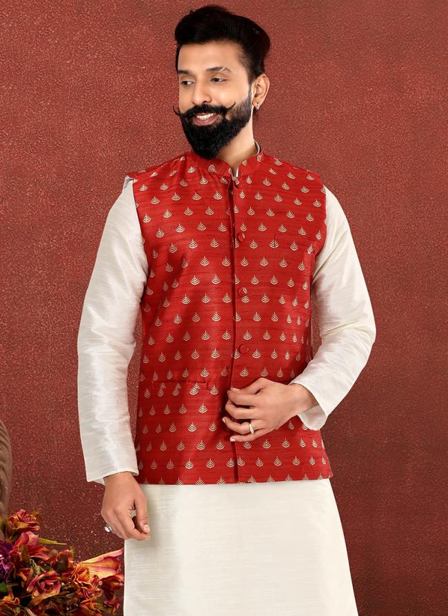 Jacquard Silk Red Festival Wear Embroidery Work Readymade Men's Waist Coat